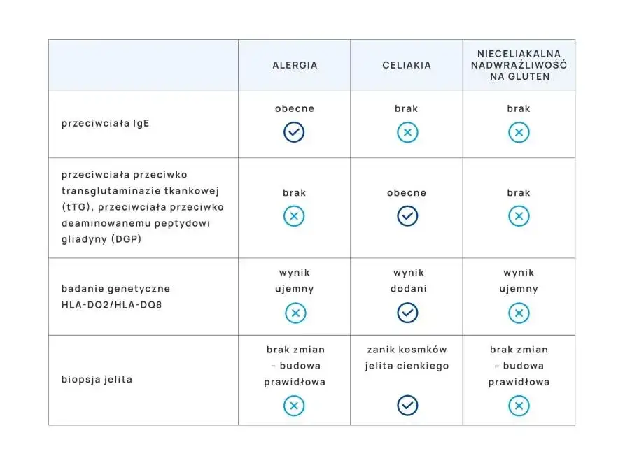Tabela porównawcza celiakia nadwrażliwość alergia na gluten